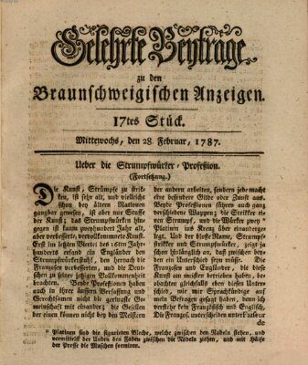 Braunschweigische Anzeigen. Gelehrte Beyträge zu den Braunschweigischen Anzeigen (Braunschweigische Anzeigen) Mittwoch 28. Februar 1787