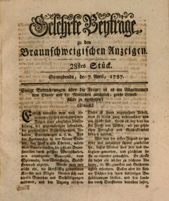 Braunschweigische Anzeigen. Gelehrte Beyträge zu den Braunschweigischen Anzeigen (Braunschweigische Anzeigen) Samstag 7. April 1787