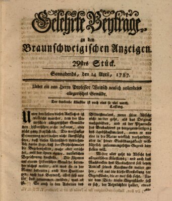 Braunschweigische Anzeigen. Gelehrte Beyträge zu den Braunschweigischen Anzeigen (Braunschweigische Anzeigen) Samstag 14. April 1787