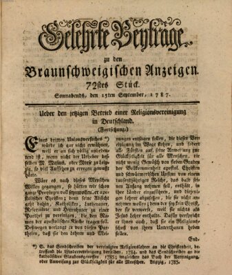 Braunschweigische Anzeigen. Gelehrte Beyträge zu den Braunschweigischen Anzeigen (Braunschweigische Anzeigen) Samstag 15. September 1787