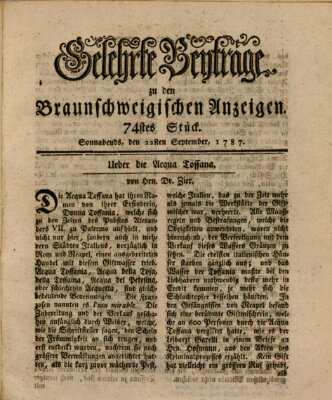 Braunschweigische Anzeigen. Gelehrte Beyträge zu den Braunschweigischen Anzeigen (Braunschweigische Anzeigen) Samstag 22. September 1787