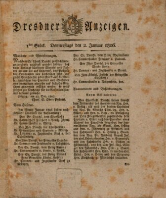 Dresdner Anzeigen Donnerstag 2. Januar 1806