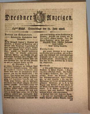 Dresdner Anzeigen Donnerstag 31. Juli 1806