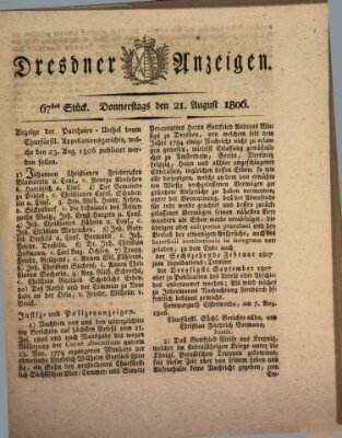 Dresdner Anzeigen Donnerstag 21. August 1806