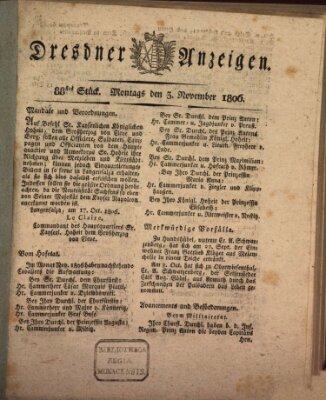 Dresdner Anzeigen Montag 3. November 1806