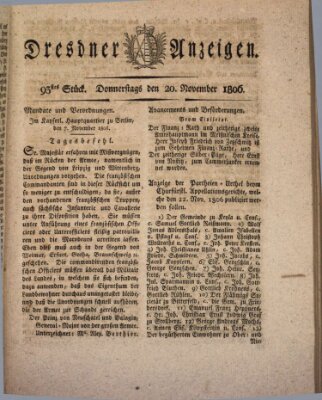 Dresdner Anzeigen Donnerstag 20. November 1806