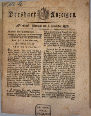 Dresdner Anzeigen Montag 1. Dezember 1806