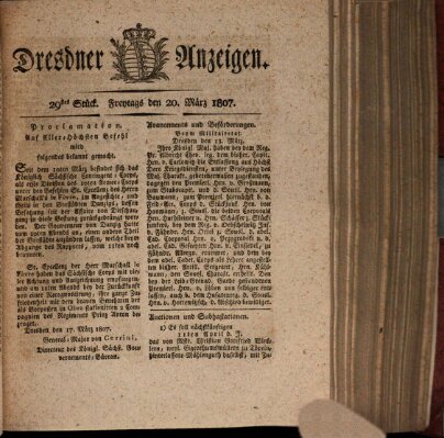 Dresdner Anzeigen Freitag 20. März 1807