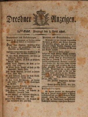 Dresdner Anzeigen Freitag 3. April 1807