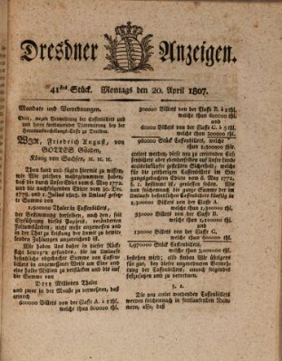 Dresdner Anzeigen Montag 20. April 1807