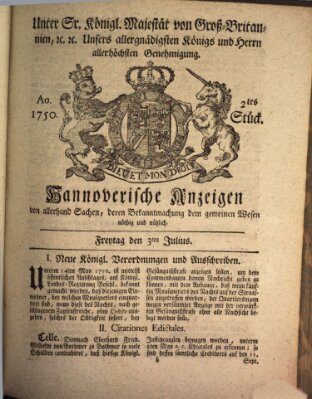 Hannoversche Anzeigen Freitag 3. Juli 1750