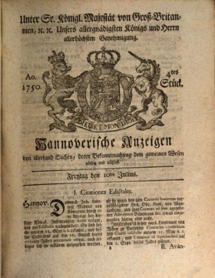 Hannoversche Anzeigen Freitag 10. Juli 1750