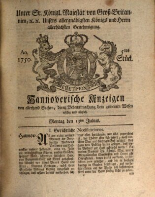 Hannoversche Anzeigen Montag 13. Juli 1750