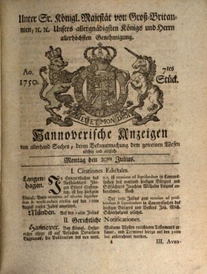 Hannoversche Anzeigen Montag 20. Juli 1750