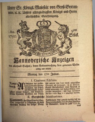 Hannoversche Anzeigen Montag 27. Juli 1750