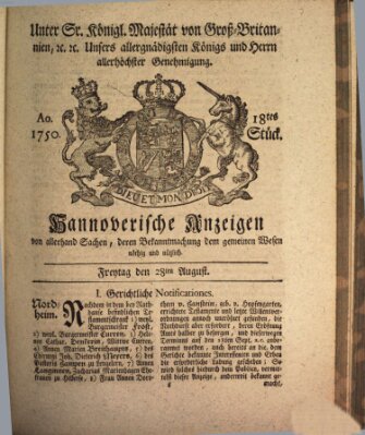 Hannoversche Anzeigen Freitag 28. August 1750