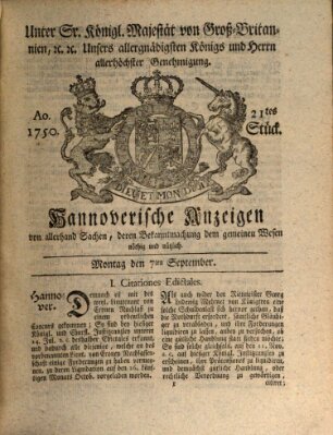 Hannoversche Anzeigen Montag 7. September 1750