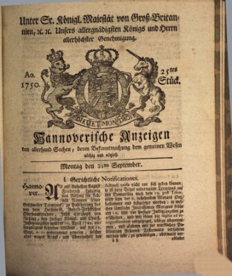 Hannoversche Anzeigen Montag 21. September 1750