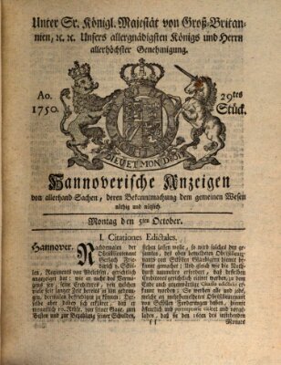 Hannoversche Anzeigen Montag 5. Oktober 1750