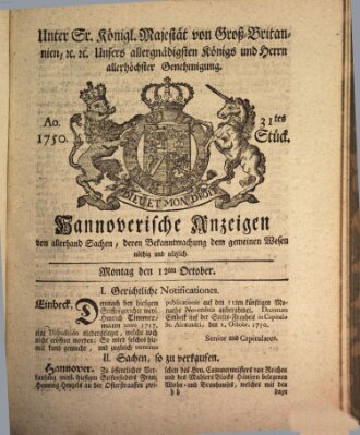 Hannoversche Anzeigen Montag 12. Oktober 1750