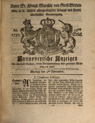 Hannoversche Anzeigen Montag 9. November 1750