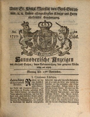 Hannoversche Anzeigen Montag 23. November 1750