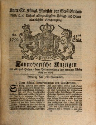 Hannoversche Anzeigen Montag 30. November 1750