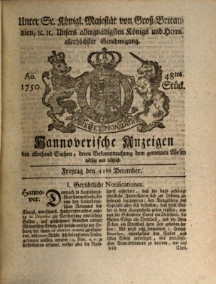 Hannoversche Anzeigen Freitag 11. Dezember 1750