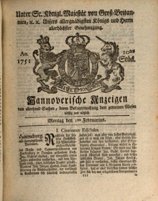 Hannoversche Anzeigen Montag 1. Februar 1751