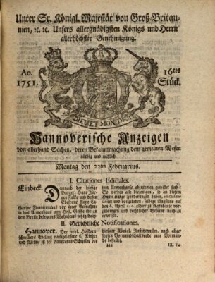 Hannoversche Anzeigen Montag 22. Februar 1751