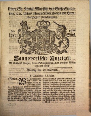 Hannoversche Anzeigen Montag 1. März 1751