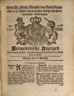 Hannoversche Anzeigen Montag 8. März 1751