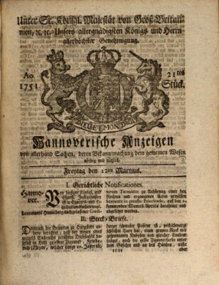 Hannoversche Anzeigen Freitag 12. März 1751