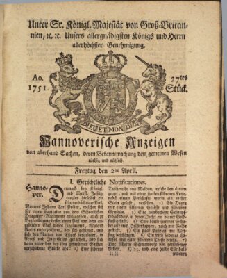 Hannoversche Anzeigen Freitag 2. April 1751