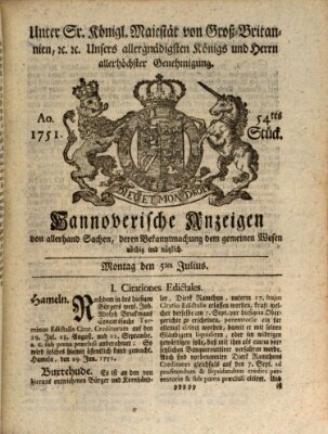 Hannoversche Anzeigen Montag 5. Juli 1751