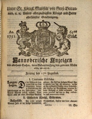 Hannoversche Anzeigen Freitag 13. August 1751