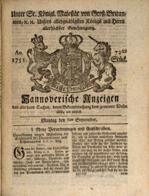 Hannoversche Anzeigen Montag 6. September 1751