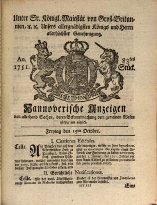 Hannoversche Anzeigen Freitag 15. Oktober 1751