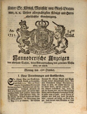 Hannoversche Anzeigen Montag 18. Oktober 1751