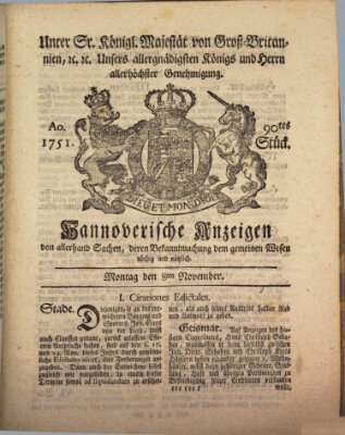 Hannoversche Anzeigen Montag 8. November 1751