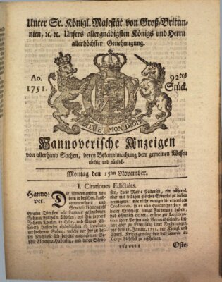 Hannoversche Anzeigen Montag 15. November 1751