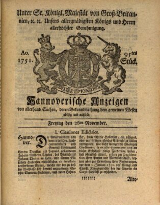 Hannoversche Anzeigen Freitag 26. November 1751