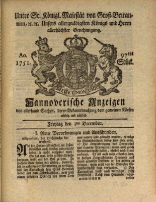 Hannoversche Anzeigen Freitag 3. Dezember 1751