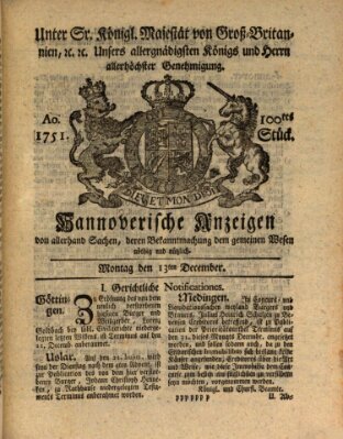 Hannoversche Anzeigen Montag 13. Dezember 1751