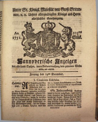 Hannoversche Anzeigen Freitag 24. Dezember 1751