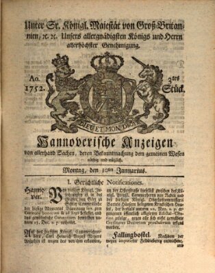 Hannoversche Anzeigen Montag 10. Januar 1752