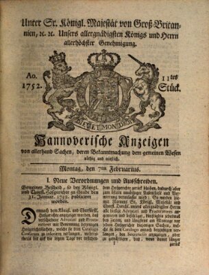 Hannoversche Anzeigen Montag 7. Februar 1752