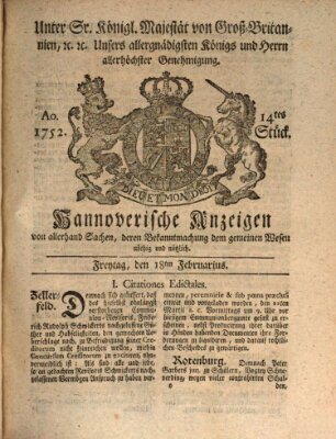 Hannoversche Anzeigen Freitag 18. Februar 1752