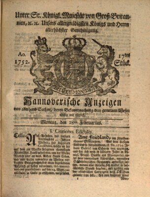 Hannoversche Anzeigen Montag 28. Februar 1752