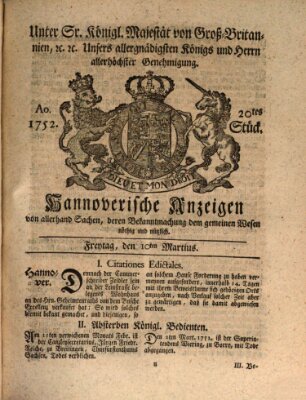 Hannoversche Anzeigen Freitag 10. März 1752